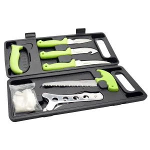 HME HMEKN8HDK Deluxe Hunt Dressing Kit 9.40 in/8.60 in/8.50 in/8.64 in Stainless Steel Caper/Gut Hook/Boning Knife/Bone Saw/Rib Spreader Rubber