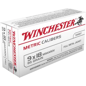 Winchester Ammo MC918M USA Metric 9x18 Makarov 95 gr Full Metal Jacket 50 Per Box/ 20 Case