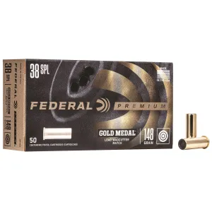 Federal GM38A Premium Gold Medal 38Special 148gr Lead Wadcutter 50 Per Box/20 Case Centerfire, Handgun Ammunition