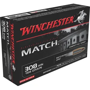 Winchester S308M Match 308Win 168gr Sierra MatchKing BTHP 20 Per Box/10 Case Centerfire, Rifle Ammunition