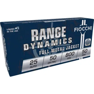 Fiocchi 25AP Range Dynamics 25ACP 50gr Full Metal Jacket 50 Per Box/20 Case Centerfire, Handgun Ammunition