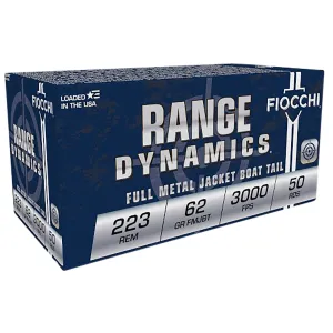 Fiocchi 223C Range Dynamics 223Rem 62gr Full Metal Jacket Boat Tail 50 Per Box/20 Case Centerfire, Rifle Ammunition