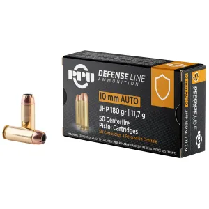 PPU PPD10 Defense 10mmAuto 180gr Jacketed Hollow Point 50 Per Box/10 Case Centerfire, Handgun Ammunition