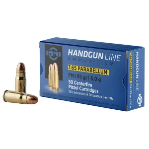 PPU PPH765P 7.65x21mmParabellum 93gr Full Metal Jacket 50 Per Box/20 Case Centerfire, Handgun Ammunition