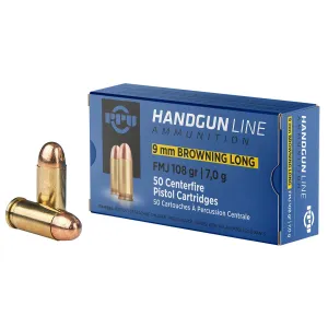 PPU PPH9BL 9mmBrowningLong 108gr Full Metal Jacket 50 Per Box/20 Case Centerfire, Handgun Ammunition