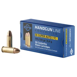 PPU PPH38SU 38Super+P 130gr Full Metal Jacket 50 Per Box/10 Case Centerfire, Handgun Ammunition