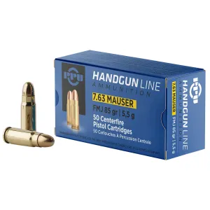 PPU PPH763 7.63mmMauser 85gr Full Metal Jacket 50 Per Box/10 Case Centerfire, Handgun Ammunition