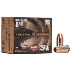 Federal P45HS1 Premium Personal Defense 45ACP 230gr Hydra-Shok Jacketed Hollow Point 20 Per Box/25 Case Centerfire, Handgun Ammunition