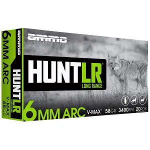 Ammo Inc 6ARC058VMXA20 Hunt Long Range 6mmARC 58gr V-Max 20 Per Box/10 Case, Centerfire Rifle Ammo