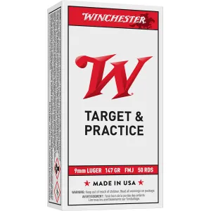 Winchester USA9MM1 USA 9mmLuger 147gr Full Metal Jacket Flat Nose 50 Per Box/10 Case Centerfire, Handgun Ammunition