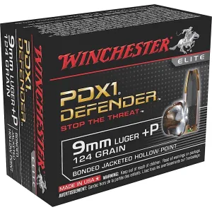 Winchester S9MMPDB Defender 9mmLuger+P 124gr Bonded Jacket Hollow Point 20 Per Box/10 Case Centerfire, Handgun Ammunition