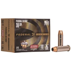 Federal PD38HS3H Premium Personal Defense Low Recoil 38Special 110gr Hydra-Shok Jacketed Hollow Point 20 Per Box/10 Case Centerfire, Handgun Ammunition