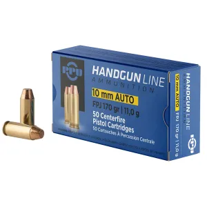 PPU PPH10F 10mmAuto 170gr Flat Point Jacketed 50 Per Box/10 Case Centerfire, Handgun Ammunition
