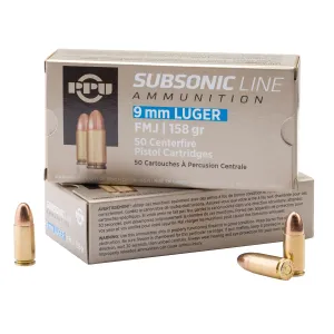 PPU PPS9MM Subsonic 9mmLuger Subsonic 158gr Full Metal Jacket 50 Per Box/20 Case Centerfire, Handgun Ammunition