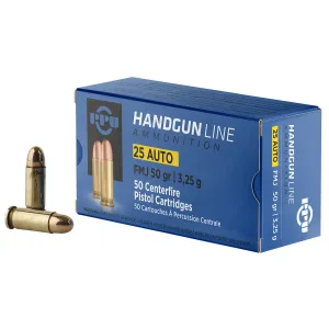 PPU PPH25 25ACP 50gr Full Metal Jacket 50 Per Box/20 Case Centerfire, Handgun Ammunition