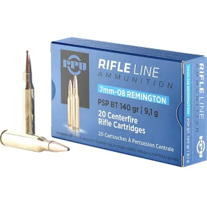 PPU PP708 Metric 7mm-08Rem 140gr Pointed Soft Point Boat Tail 20 Per Box/10 Case Centerfire, Rifle Ammunition