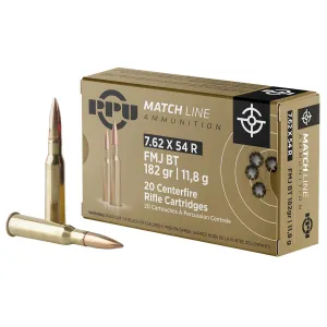 PPU PPM7 Match 7.62x54mmR 182gr Full Metal Jacket 20 Per Box/10 Case Centerfire, Rifle Ammunition