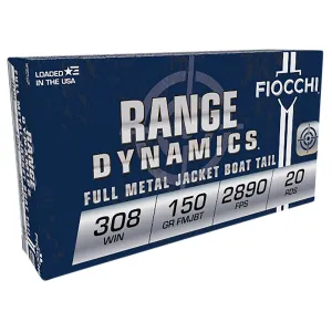 Fiocchi 308A Range Dynamics 308Win 150gr Full Metal Jacket Boat Tail 20 Per Box/10 Case Centerfire, Rifle Ammunition