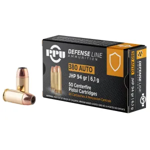 PPU PPD380A Defense 380ACP 94gr Jacketed Hollow Point 50 Per Box/20 Case Centerfire, Handgun Ammunition