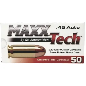 MaxxTech PTGB45B Brass Pistol 45ACP 230gr Full Metal Jacket 50 Per Box/10 Case, Centerfire Handgun Ammo
