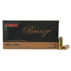 PMC 9B Bronze 9mmLuger 115gr Jacketed Hollow Point 50 Per Box/20 Case Centerfire, Handgun Ammunition