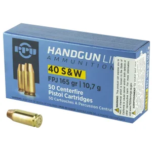 PPU PPH40F 40S&W 165gr Flat Point Jacketed 50 Per Box/10 Case Centerfire, Handgun Ammunition