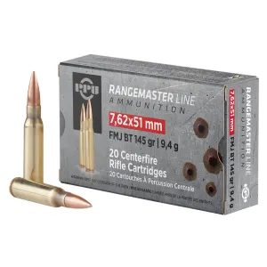 PPU PPRM762 Rangemaster 7.62x51mmNATO 145gr Full Metal Jacket Boat Tail 20 Per Box/25 Case Centerfire, Rifle Ammunition