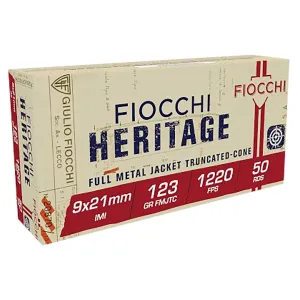 Fiocchi 9X21 Heritage 9x21mmIMI 123gr Full Metal Jacket Truncated Cone 50 Per Box/20 Case Centerfire, Handgun Ammunition