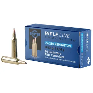 PPU PP22250 Standard 22-250Rem 55gr Soft Point 20 Per Box/10 Case Centerfire, Rifle Ammunition