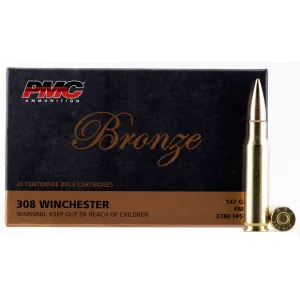 PMC 308B Bronze 308Win 147gr Full Metal Jacket Boat Tail 20 Per Box/25 Case Centerfire, Rifle Ammunition