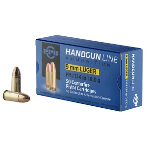 PPU PPH9F2 9mmLuger 124gr Full Metal Jacket 50 Per Box/20 Case Centerfire, Handgun Ammunition