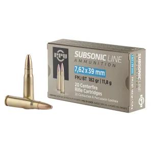 PPU PPS76239 Subsonic 7.62x39mm 182gr Full Metal Jacket Boat Tail 20 Per Box/50 Case Centerfire, Rifle Ammunition