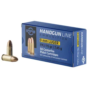 PPU PPH9F1 9mmLuger 115gr Full Metal Jacket 50 Per Box/20 Case Centerfire, Handgun Ammunition