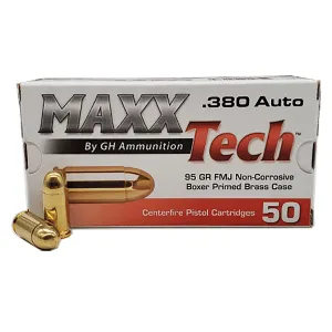 MaxxTech PTGB380B Brass Pistol 380ACP 95gr Full Metal Jacket 50 Per Box/20 Case, Centerfire Handgun Ammo