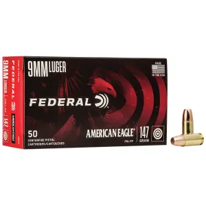 Federal AE9FP American Eagle 9mmLuger 147gr Full Metal Jacket Flat Point 50 Per Box/20 Case Centerfire, Handgun Ammunition