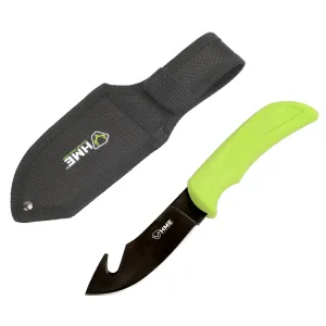 HME KNFBGH Fixed Blade 3.50 in Fixed Gut Hook Plain Black Oxide 420HC SS Blade/ Green TPR Handle Includes Sheath