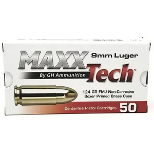MaxxTech PTGB912B Brass Pistol 9mmLuger 124gr Full Metal Jacket 50 Per Box/10 Case, Centerfire Handgun Ammo