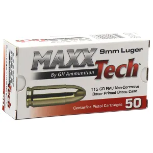 MaxxTech PTGB9MMB Brass Pistol 9mmLuger 115gr Full Metal Jacket 50 Per Box/10 Case, Centerfire Handgun Ammo