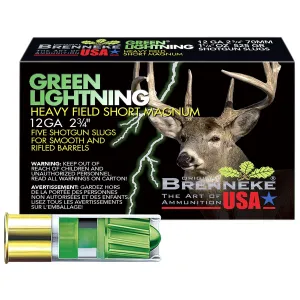 Brenneke SL122HFSGL Green Lightning Heavy Field 12Gauge 2.75 in 1 1/4oz Slug Shot 5 Per Box/50 Case, Shotgun Shells