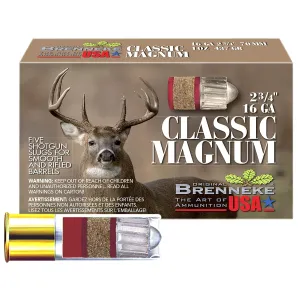 Brenneke SL162CLM Classic Magnum 16Gauge 2.75 in 1oz Slug Shot 5 Per Box/50 Case, Shotgun Shells
