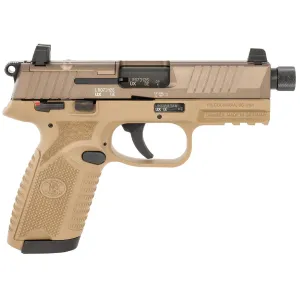 FN 66101681 502 Tactical 22 LR 10+1/15+1 4.60 Black Steel Threaded Barrel, Flat Dark Earth Optic Ready/Serrated Slide & Poly Frame w/Pic Rail, FDE Textured Poly Grip, Ambi, 5 Mags, Rimfire Pistol