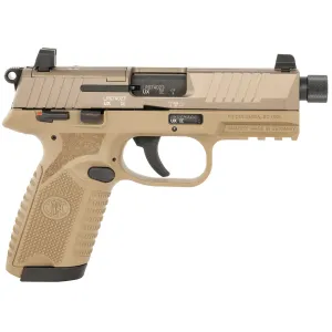 FN 66101682 502 Tactical 22 LR 10+1 4.60 Black Steel Threaded Barrel, Flat Dark Earth Optic Ready/Serrated Slide & Poly Frame w/Pic Rail, FDE Textured Poly Grip, Ambi, 5 Mags, Rimfire Pistol