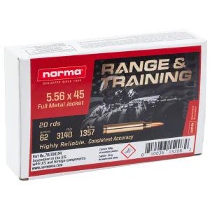 Norma Ammunition 701706154 Range & Training 5.56x45mmNATO 62gr Full Metal Jacket 20 Per Box/10 Case, Centerfire Rifle Ammo