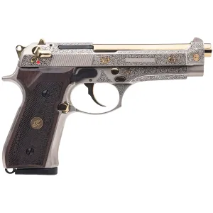 Derya 10L.FLR.MELIK9.TR Melik Fight Limited Run 9mm Luger 10+1 4.90 Gold PVC Steel Barrel, Nickel w/Engraving & Gold Accents Serrated Steel Slide, Nickel w/Engraving Aluminum Frame w/Beavertail, Mahogany Dark Wood Grip, Pistol