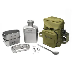 GRITR Titanium Canteen Mess Kit, Camping Open Fire Cookware Set w/ Storage Bag