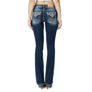 MISS ME Women's Magenta Embroidered Quilt Mid-Rise Dark Blue Bootcut Jeans (M9185B)