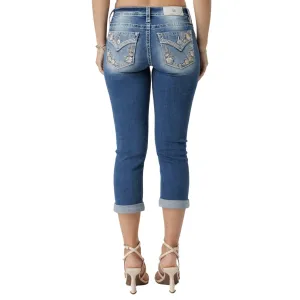 MISS ME Women's Featherington Floral Dark Blue Slim-Fit Mid-Rise Capri Jeans with Faux Flap Pockets (M9295P)