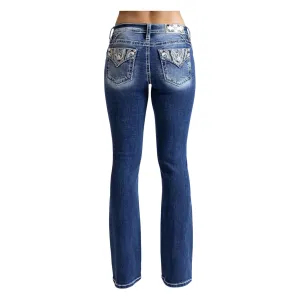 MISS ME Womens Abstract Stitch 32L Dark Blue Mid-Rise Bootcut Jeans (M9361BV)