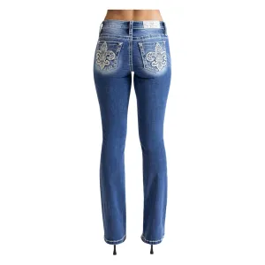 MISS ME Womens Fleur De Lis Stars 34L Mid-Rise Medium Blue Bootcut Jeans (M9354BL)
