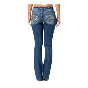 MISS ME Womens Rosie V Floral Faux Flap Pockets 34L Mid-Rise Medium Blue Bootcut Jeans (M3444B118L)